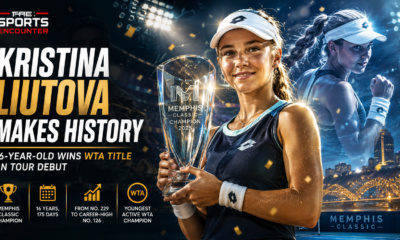 Kristina Liutova holds the Memphis Classic trophy after becoming the youngest active WTA champion, with a dramatic tennis-court backdrop, Memphis skyline, career milestone graphics, and The Sports Encounter logo.
