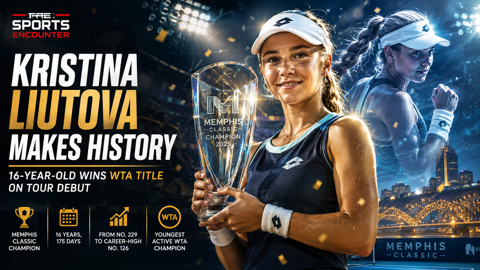 Kristina Liutova holds the Memphis Classic trophy after becoming the youngest active WTA champion, with a dramatic tennis-court backdrop, Memphis skyline, career milestone graphics, and The Sports Encounter logo.