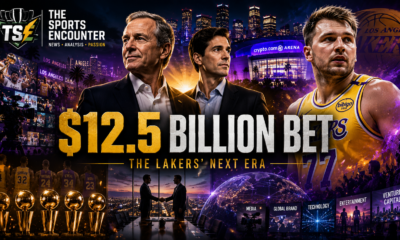 Bob Iger and Josh Kushner stand against a cinematic Los Angeles backdrop with Crypto.com Arena and Luka Dončić, illustrating the proposed $12.5 billion Lakers purchase and the franchise’s next ownership era, with The Sports Encounter logo.