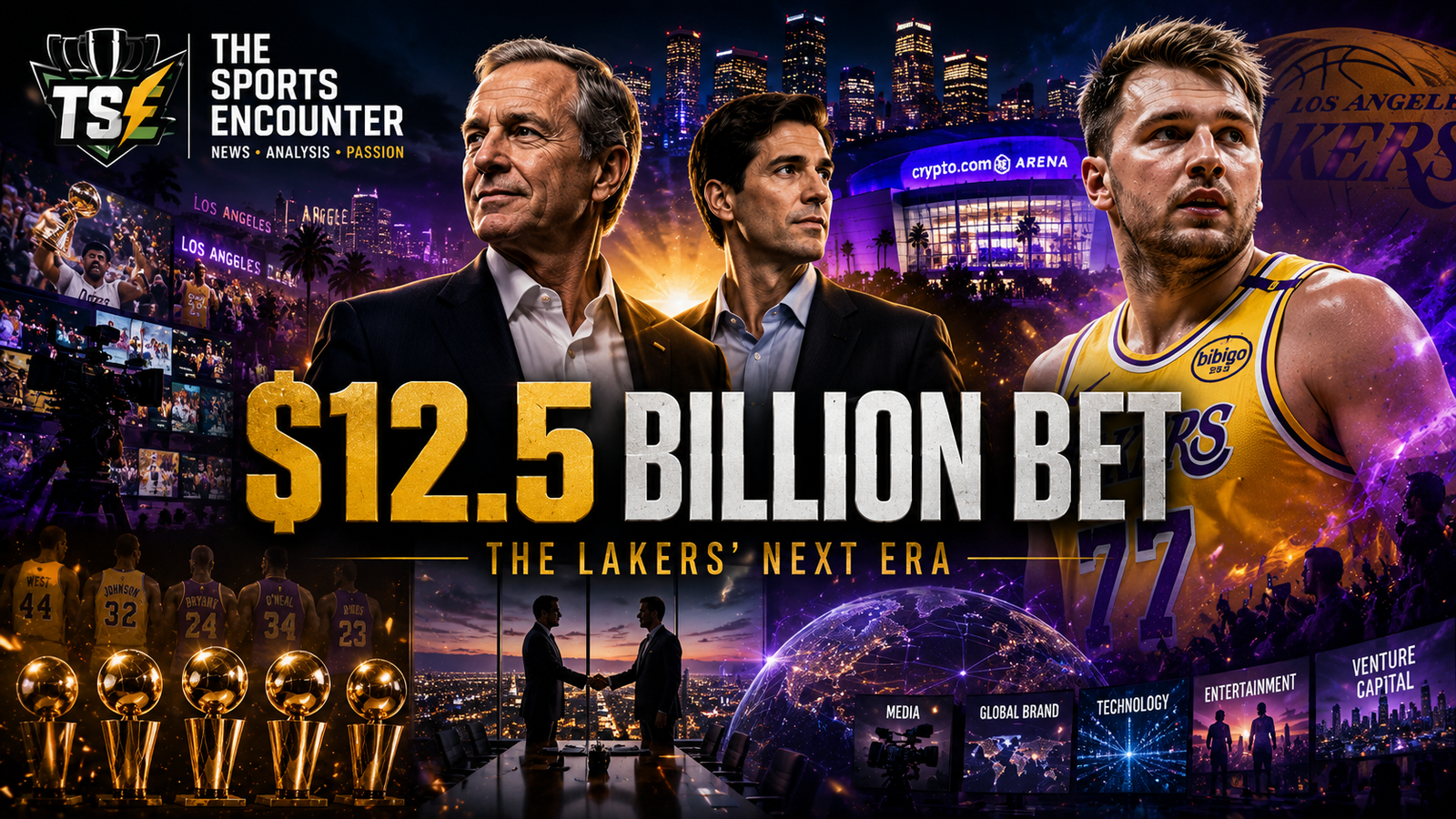 Bob Iger and Josh Kushner stand against a cinematic Los Angeles backdrop with Crypto.com Arena and Luka Dončić, illustrating the proposed $12.5 billion Lakers purchase and the franchise’s next ownership era, with The Sports Encounter logo.