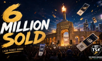Los Angeles 2028 Olympic stadium imagery and LA28 branding representing more than 6 million Olympic tickets sold ahead of the 2027 public ticket sale.