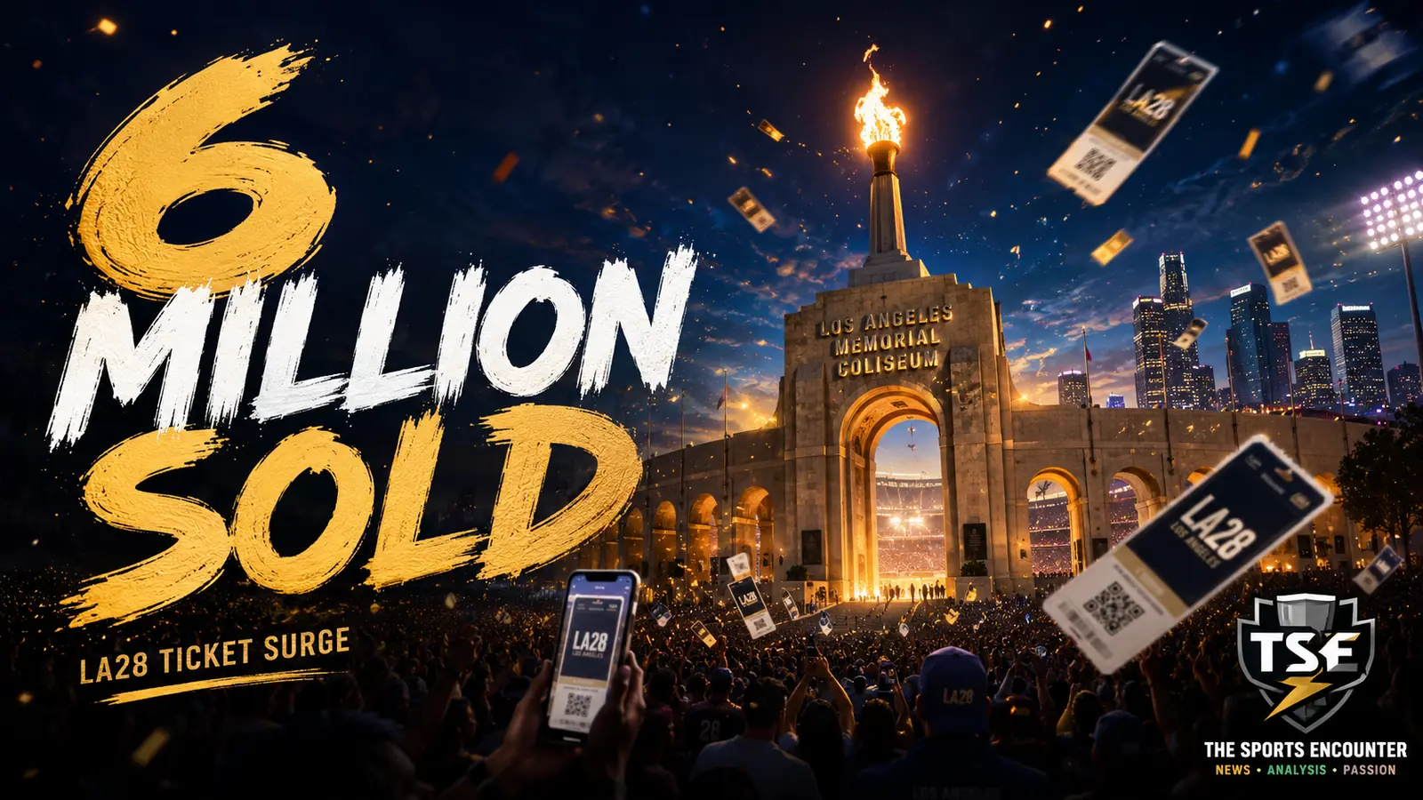 Los Angeles 2028 Olympic stadium imagery and LA28 branding representing more than 6 million Olympic tickets sold ahead of the 2027 public ticket sale.
