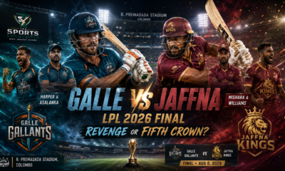 Galle Gallants and Jaffna Kings players face off under the floodlights at R. Premadasa Stadium ahead of the LPL 2026 final, with Galle seeking revenge and Jaffna chasing a fifth Lanka Premier League title.