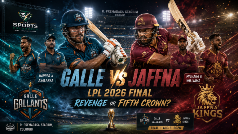 Galle Gallants and Jaffna Kings players face off under the floodlights at R. Premadasa Stadium ahead of the LPL 2026 final, with Galle seeking revenge and Jaffna chasing a fifth Lanka Premier League title.