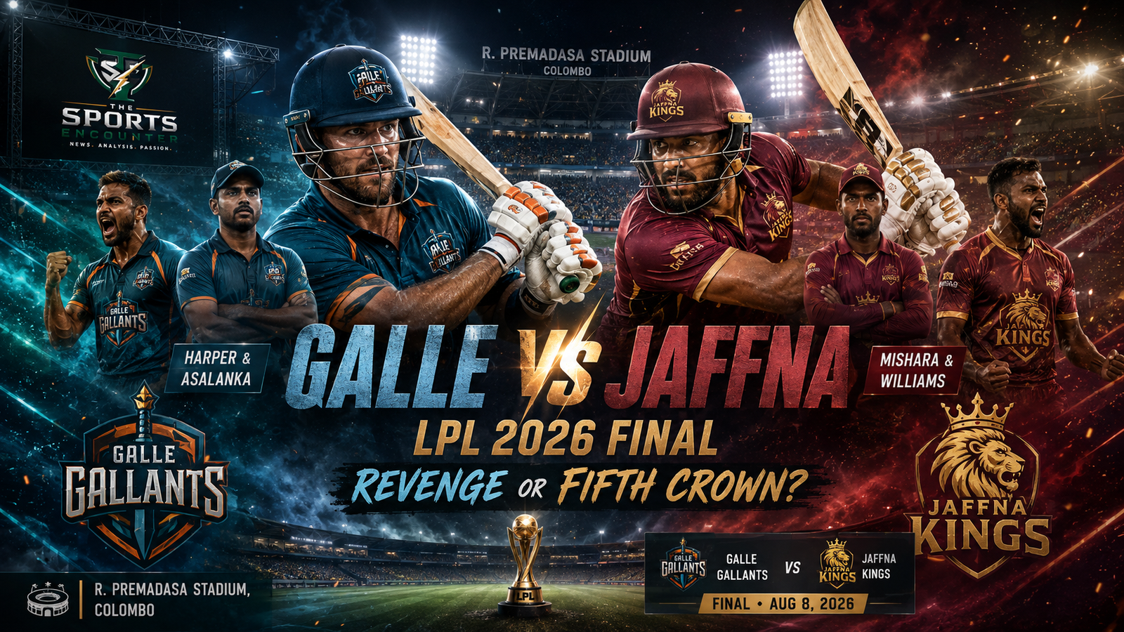 Galle Gallants and Jaffna Kings players face off under the floodlights at R. Premadasa Stadium ahead of the LPL 2026 final, with Galle seeking revenge and Jaffna chasing a fifth Lanka Premier League title.