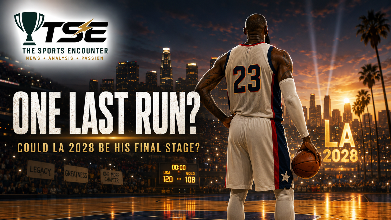 A veteran basketball superstar wearing No. 23 stands with his back to the camera, holding a ball and looking across a glowing court toward the Los Angeles skyline and “LA 2028” lights.