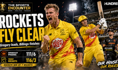Lewis Gregory celebrates as Sam Billings plays the winning shot for Trent Rockets, with Joe Clarke standing apart after his lone 62 in Birmingham Phoenix’s seven-wicket defeat at Trent Bridge.