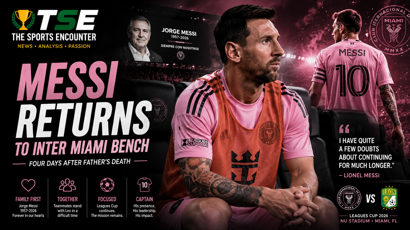 Lionel Messi sits on the Inter Miami bench four days after the death of his father, Jorge Messi, with a tribute display in the background and Leagues Cup imagery reflecting his emotional return to the squad.
