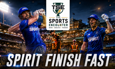 Liam Livingstone and Dewald Brevis celebrate London Spirit’s seven-wicket win over Birmingham Phoenix at Lord’s, with the “Spirit Finish Fast” graphic highlighting their rapid 163-run chase in The Hundred 2026.