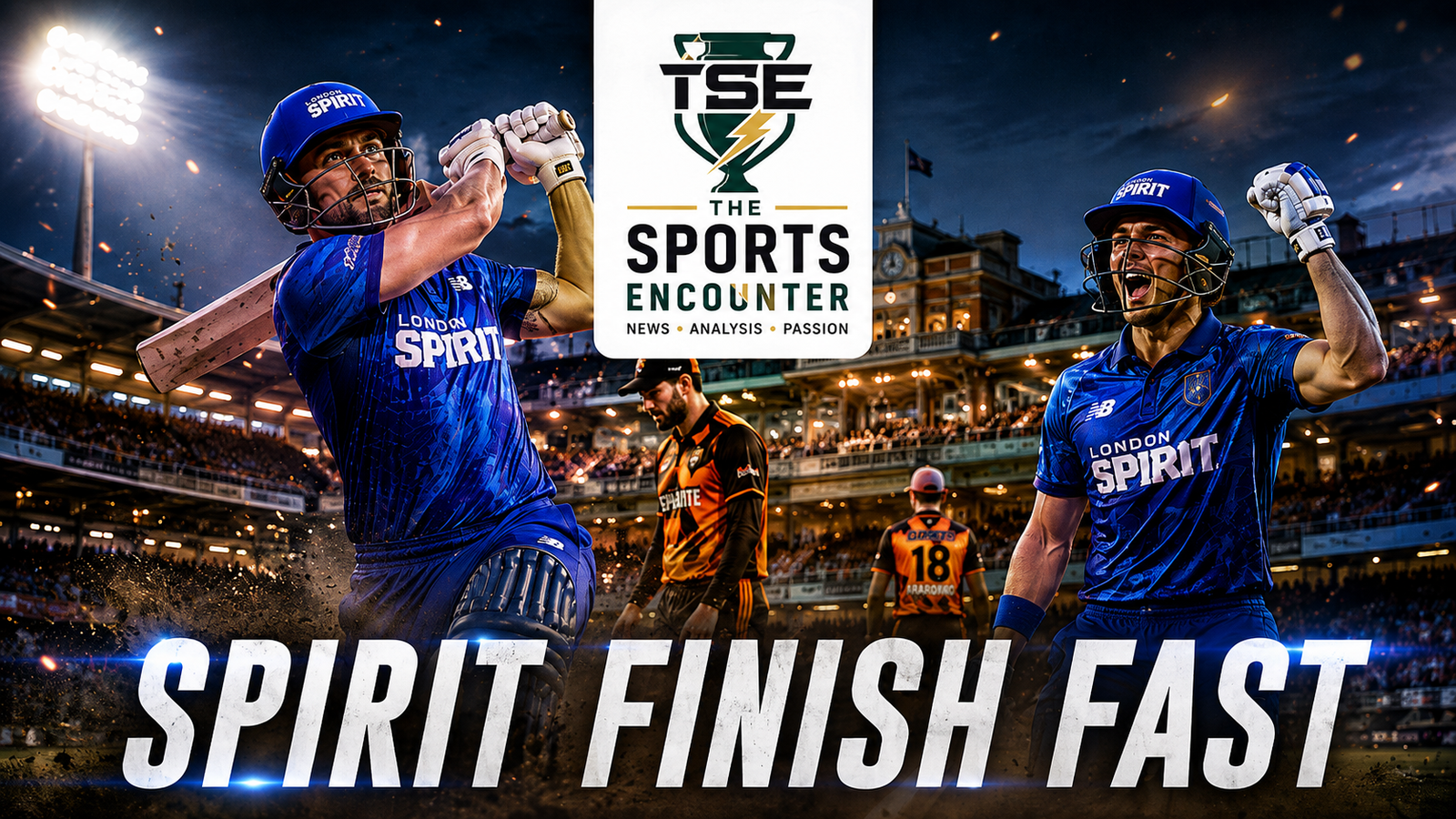Liam Livingstone and Dewald Brevis celebrate London Spirit’s seven-wicket win over Birmingham Phoenix at Lord’s, with the “Spirit Finish Fast” graphic highlighting their rapid 163-run chase in The Hundred 2026.