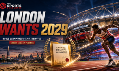 Cinematic London 2029 World Athletics bid graphic showing a Great Britain sprinter launching from the blocks outside a floodlit London Stadium, a glowing bid document, London skyline, javelin and long-jump elements, the headline “London Wants 2029,” the £400 million legacy promise, and The Sports Encounter logo.