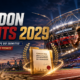 Cinematic London 2029 World Athletics bid graphic showing a Great Britain sprinter launching from the blocks outside a floodlit London Stadium, a glowing bid document, London skyline, javelin and long-jump elements, the headline “London Wants 2029,” the £400 million legacy promise, and The Sports Encounter logo.
