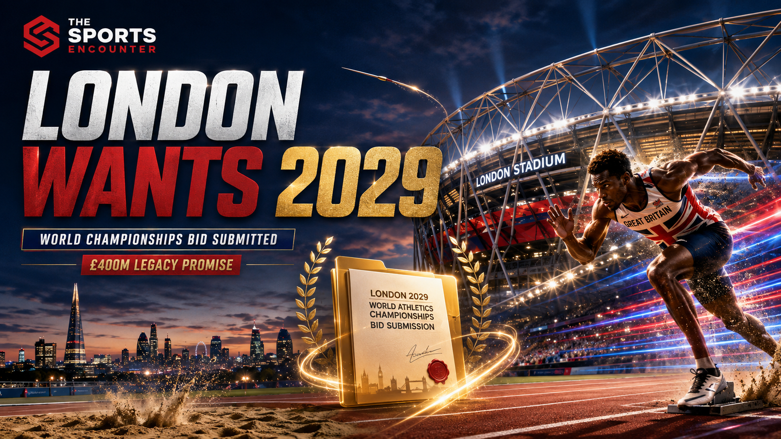 Cinematic London 2029 World Athletics bid graphic showing a Great Britain sprinter launching from the blocks outside a floodlit London Stadium, a glowing bid document, London skyline, javelin and long-jump elements, the headline “London Wants 2029,” the £400 million legacy promise, and The Sports Encounter logo.