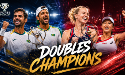 Orlando Luz and Rafael Matos celebrate the National Bank Open men’s doubles title as Katerina Siniakova and Zhang Shuai are shown after winning the women’s doubles championship in Toronto.