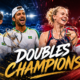 Orlando Luz and Rafael Matos celebrate the National Bank Open men’s doubles title as Katerina Siniakova and Zhang Shuai are shown after winning the women’s doubles championship in Toronto.