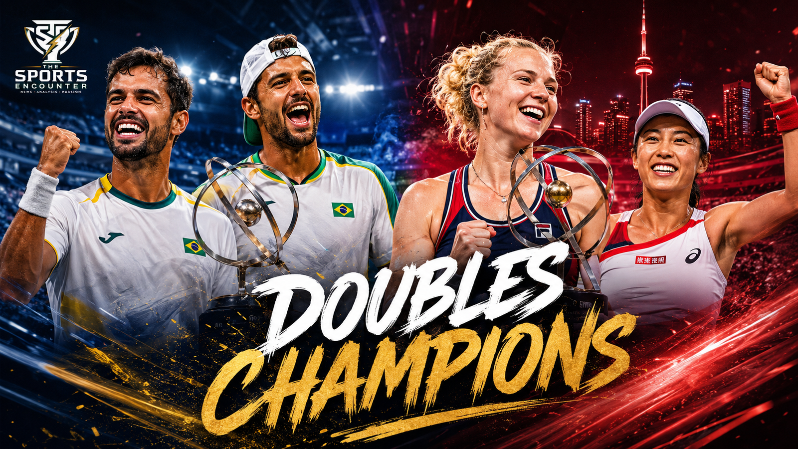 Orlando Luz and Rafael Matos celebrate the National Bank Open men’s doubles title as Katerina Siniakova and Zhang Shuai are shown after winning the women’s doubles championship in Toronto.