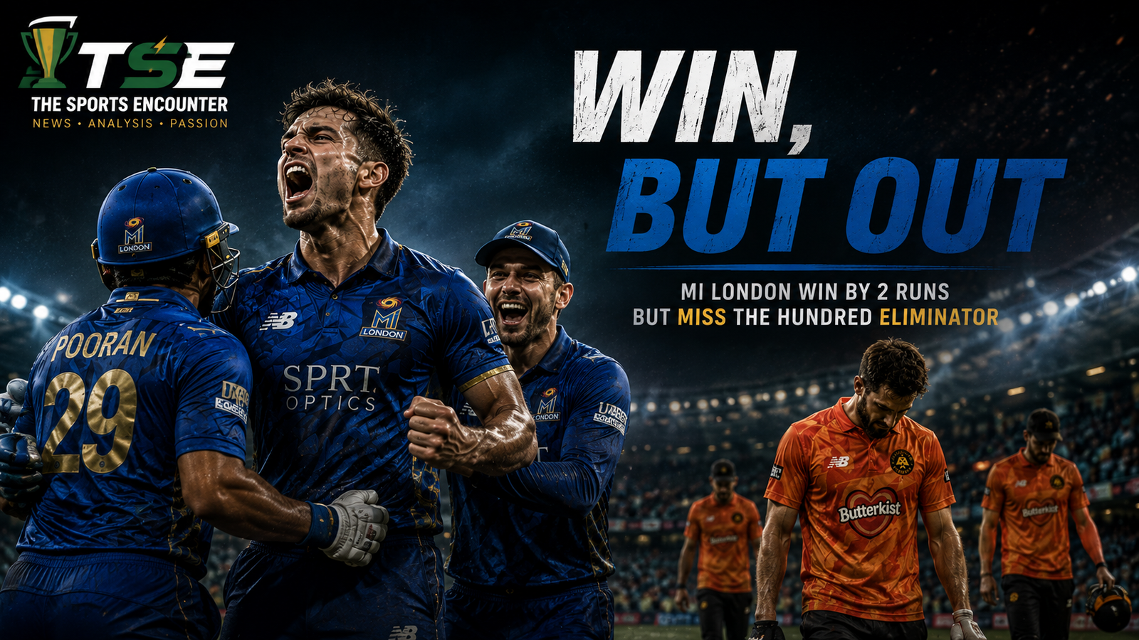 MI London defeat Birmingham Phoenix by two runs at Edgbaston in Match 32 of The Hundred 2026, winning 157/6 to 155/7 but missing the Eliminator on net run rate, with Richard Gleeson named Match Hero after taking 2/29.