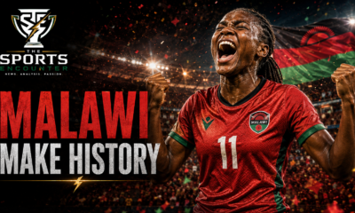 A jubilant Malawi women’s footballer celebrates under stadium lights as Malawi make history by qualifying for their first FIFA Women’s World Cup after beating Ghana at WAFCON 2026.
