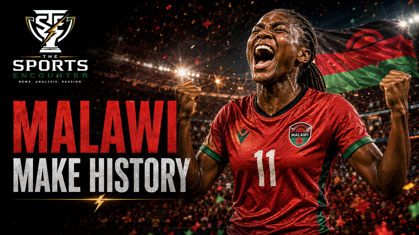 A jubilant Malawi women’s footballer celebrates under stadium lights as Malawi make history by qualifying for their first FIFA Women’s World Cup after beating Ghana at WAFCON 2026.