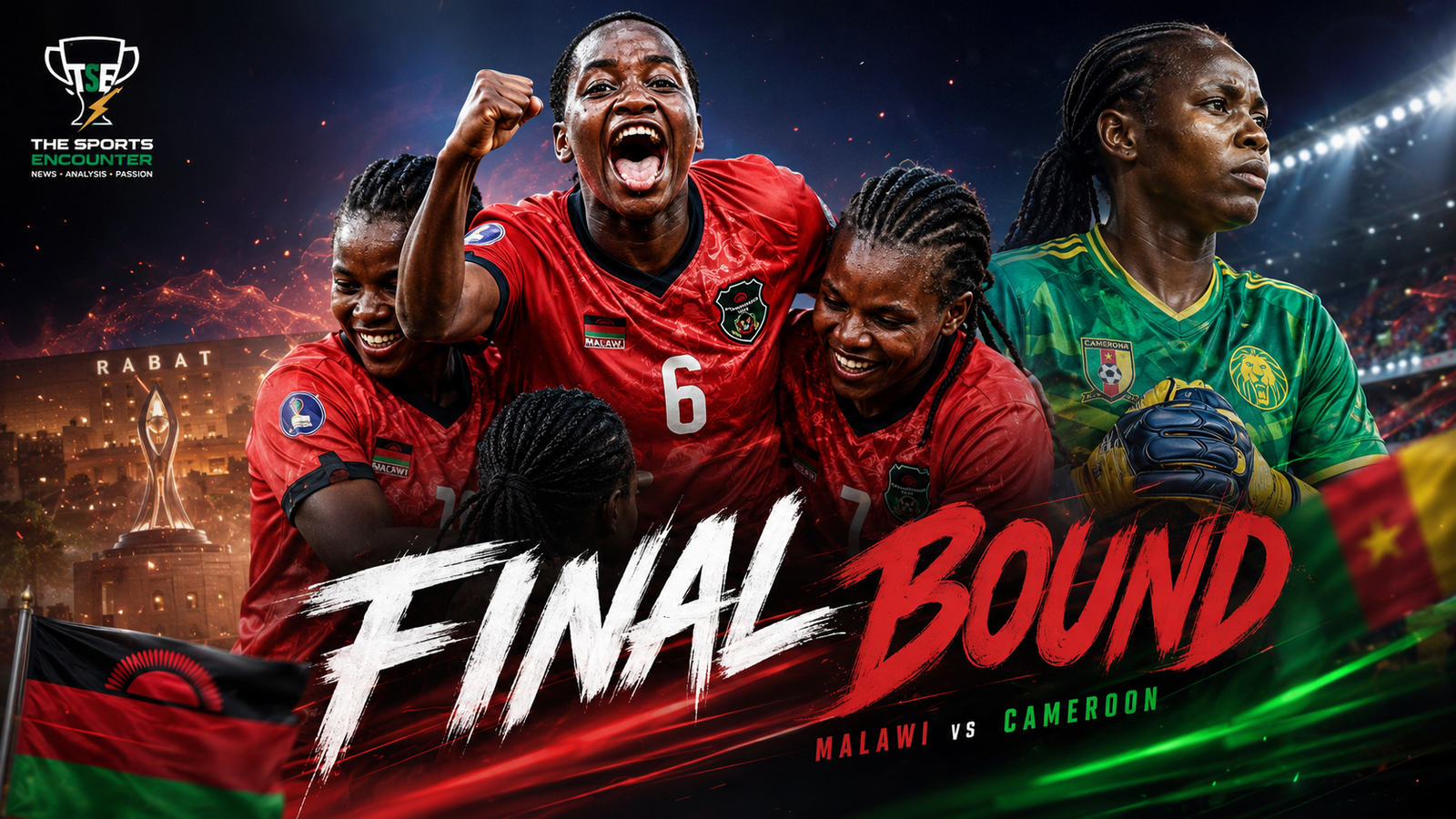Malawi women’s national team players celebrate reaching the WAFCON 2026 final after their historic semifinal victory over Algeria.