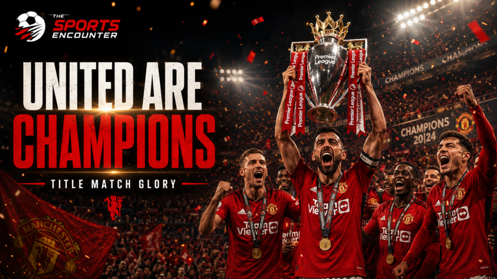 Cinematic Manchester United celebration graphic showing players in red kits lifting the Premier League trophy under stadium lights, with confetti, cheering fans, the headline “United Are Champions,” the subheading “Title Match Glory,” and The Sports Encounter logo.