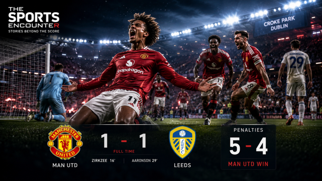 Manchester United players celebrate a 5-4 penalty shootout victory over Leeds United after a 1-1 preseason draw at Croke Park in Dublin, with Joshua Zirkzee and Brenden Aaronson scoring in regulation.