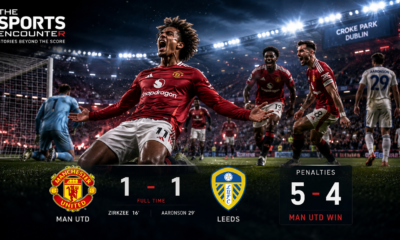 Manchester United players celebrate a 5-4 penalty shootout victory over Leeds United after a 1-1 preseason draw at Croke Park in Dublin, with Joshua Zirkzee and Brenden Aaronson scoring in regulation.