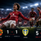 Manchester United players celebrate a 5-4 penalty shootout victory over Leeds United after a 1-1 preseason draw at Croke Park in Dublin, with Joshua Zirkzee and Brenden Aaronson scoring in regulation.