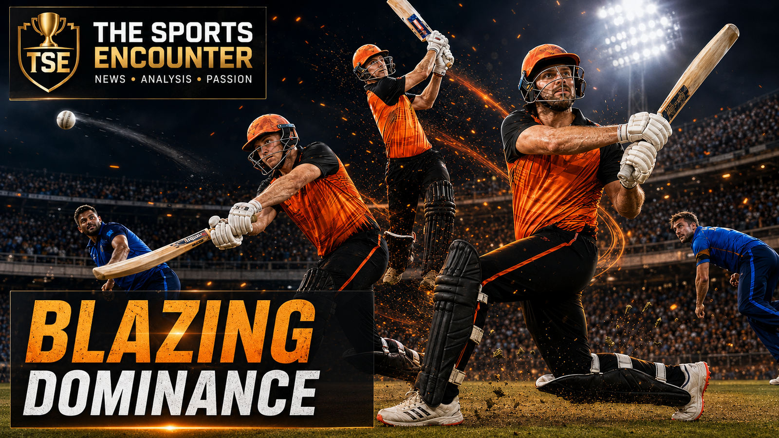 Three orange-clad cricket batters unleash powerful shots under stadium floodlights as blue-uniformed opponents look on, with fiery VFX effects, The Sports Encounter logo, and the punchline “Blazing Dominance.”