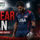 A dejected USA cricketer stands beneath stadium lights after receiving an eight-year ban for match-fixing, with an anti-corruption tribunal backdrop, suspicious betting graphics, a cracked cricket ball, and The Sports Encounter logo.