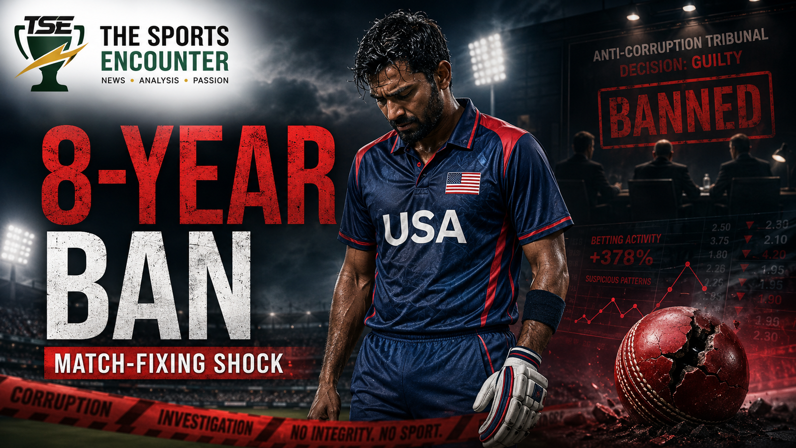 A dejected USA cricketer stands beneath stadium lights after receiving an eight-year ban for match-fixing, with an anti-corruption tribunal backdrop, suspicious betting graphics, a cracked cricket ball, and The Sports Encounter logo.