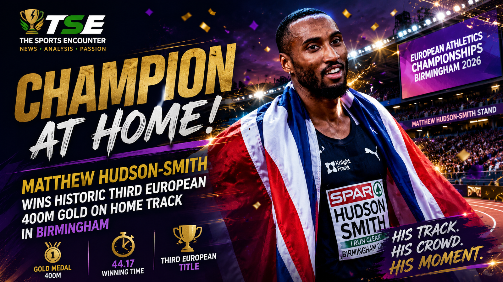 Matthew Hudson-Smith celebrates winning his third European 400m title in 44.17 seconds at the 2026 European Athletics Championships in Birmingham, draped in the Union Jack on his home track at Alexander Stadium.