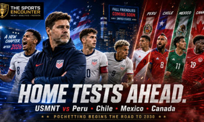 Mauricio Pochettino stands with USMNT players opposite footballers representing Peru, Chile, Mexico and Canada in a cinematic stadium graphic featuring The Sports Encounter logo and the headline “Home Tests Ahead.”