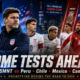 Mauricio Pochettino stands with USMNT players opposite footballers representing Peru, Chile, Mexico and Canada in a cinematic stadium graphic featuring The Sports Encounter logo and the headline “Home Tests Ahead.”