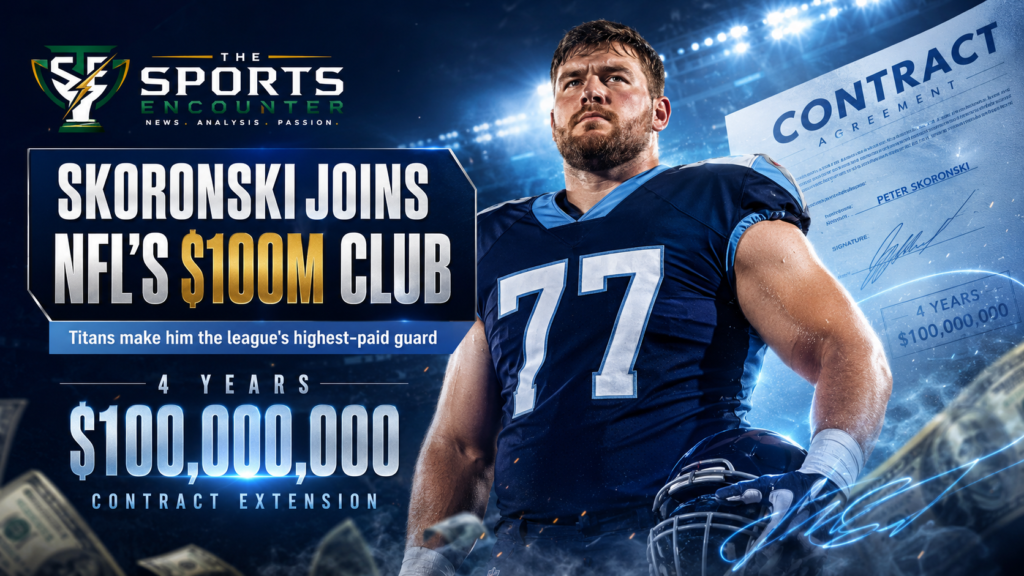 Peter Skoronski in a Titans-inspired No. 77 uniform stands beneath stadium lights beside a contract graphic highlighting his four-year, $100 million extension as the NFL’s highest-paid guard.