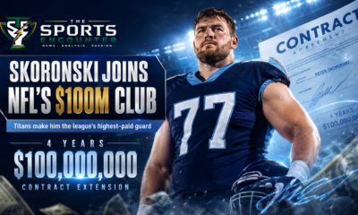Peter Skoronski in a Titans-inspired No. 77 uniform stands beneath stadium lights beside a contract graphic highlighting his four-year, $100 million extension as the NFL’s highest-paid guard.