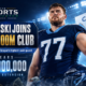 Peter Skoronski in a Titans-inspired No. 77 uniform stands beneath stadium lights beside a contract graphic highlighting his four-year, $100 million extension as the NFL’s highest-paid guard.