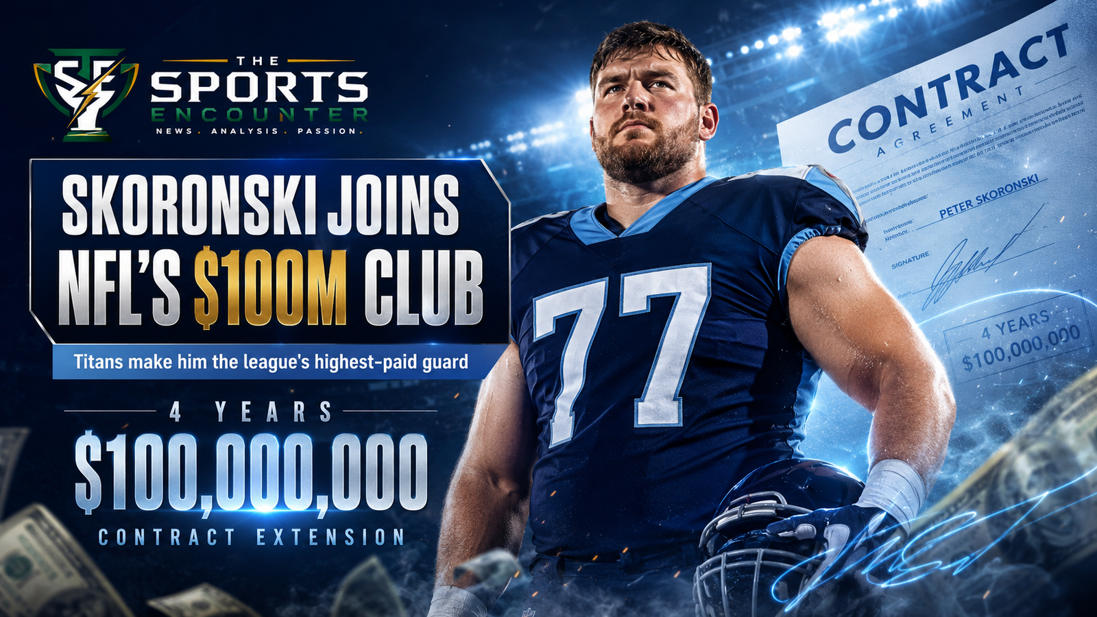 Peter Skoronski in a Titans-inspired No. 77 uniform stands beneath stadium lights beside a contract graphic highlighting his four-year, $100 million extension as the NFL’s highest-paid guard.