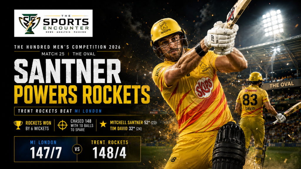 Mitchell Santner plays an attacking shot for Trent Rockets at The Oval after scoring an unbeaten 52 from 23 balls to lead a six-wicket win over MI London in The Hundred 2026.