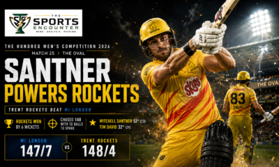 Mitchell Santner plays an attacking shot for Trent Rockets at The Oval after scoring an unbeaten 52 from 23 balls to lead a six-wicket win over MI London in The Hundred 2026.