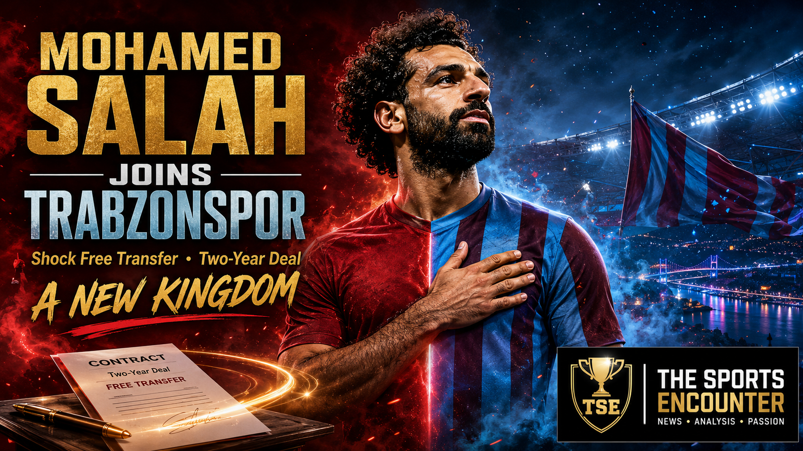 Cinematic Mohamed Salah transfer graphic showing a stylized bearded footballer in claret-and-blue colors, a glowing two-year free-transfer contract, Trabzon stadium atmosphere, the headline “Mohamed Salah Joins Trabzonspor,” and The Sports Encounter logo.