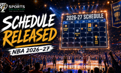 LeBron James, the New York Knicks and other NBA stars feature in a cinematic 2026-27 schedule graphic highlighting opening night, banner celebrations and the Christmas Day slate.