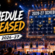 LeBron James, the New York Knicks and other NBA stars feature in a cinematic 2026-27 schedule graphic highlighting opening night, banner celebrations and the Christmas Day slate.