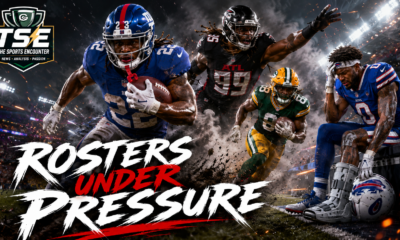 NFL players representing the Giants, Falcons, Packers, and Bills amid dramatic preseason action and injury tension, with the headline “Rosters Under Pressure.”