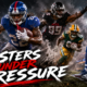 NFL players representing the Giants, Falcons, Packers, and Bills amid dramatic preseason action and injury tension, with the headline “Rosters Under Pressure.”