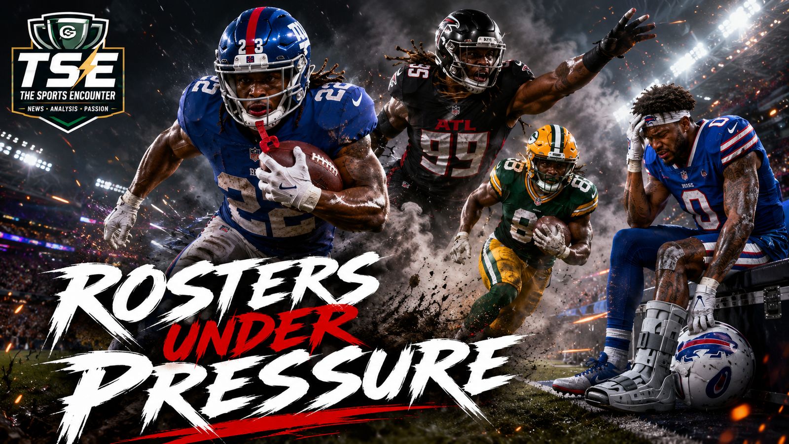 NFL players representing the Giants, Falcons, Packers, and Bills amid dramatic preseason action and injury tension, with the headline “Rosters Under Pressure.”