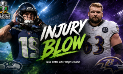 Jake Bobo and Danny Pinter featured in a cinematic NFL injury graphic as the Seahawks and Ravens adjust their rosters ahead of the 2026 season.
