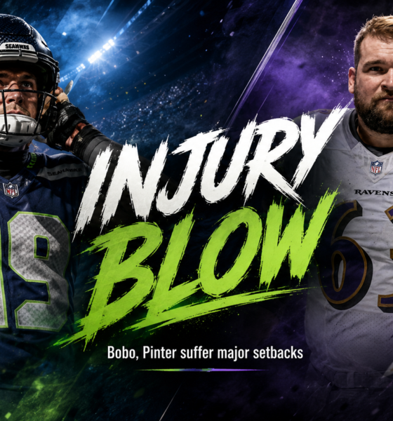 Jake Bobo and Danny Pinter featured in a cinematic NFL injury graphic as the Seahawks and Ravens adjust their rosters ahead of the 2026 season.
