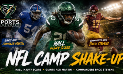 Breece Hall, Chandler Martin and Drew Stevens feature in an NFL Preseason 2026 graphic highlighting the latest Jets, Giants and Commanders roster developments.