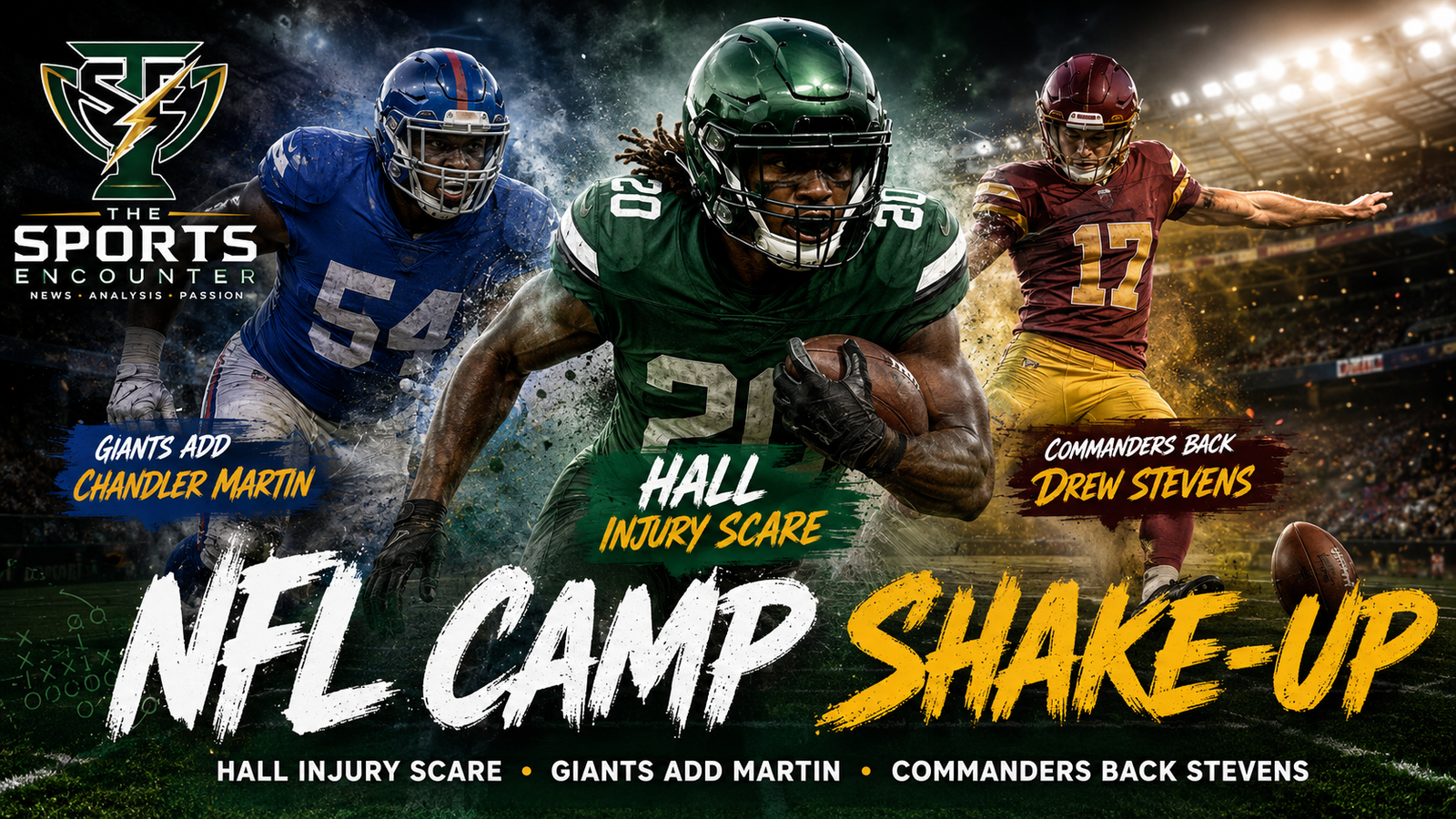 Breece Hall, Chandler Martin and Drew Stevens feature in an NFL Preseason 2026 graphic highlighting the latest Jets, Giants and Commanders roster developments.